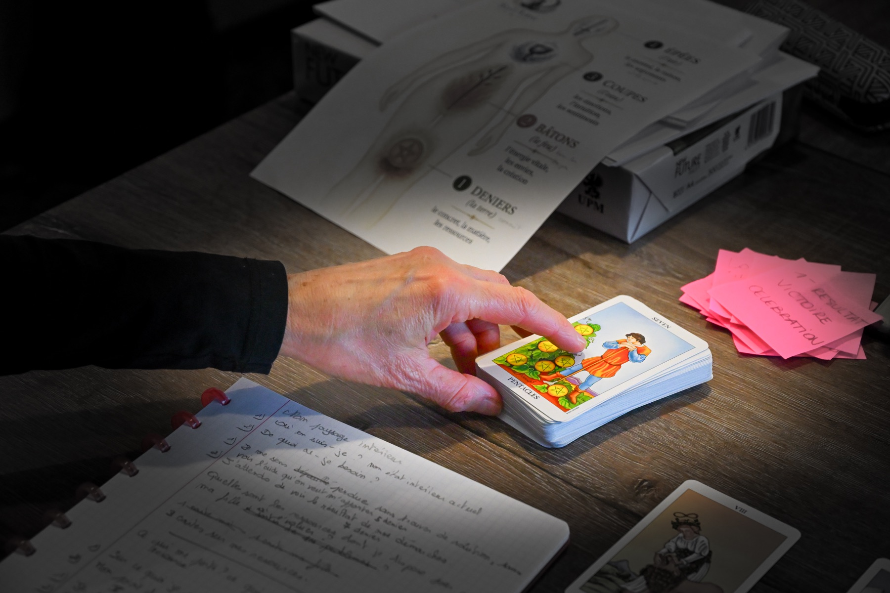 Une main choisit une carte de tarot